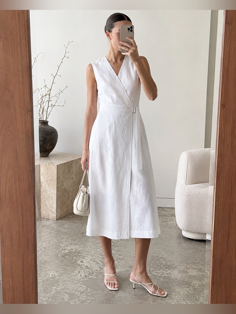 Theory Caliver 2 White Sleeveless V-Neck Wrap A-Line Midi Dress Size 10
